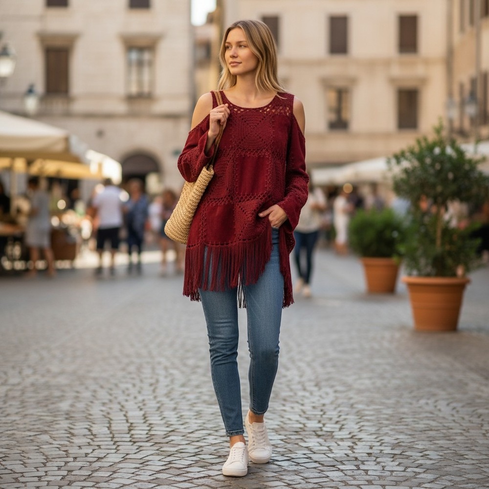 Vintage 90s Red Velvet Patchwork Fringe Dress Medium Boho Festival Hippie